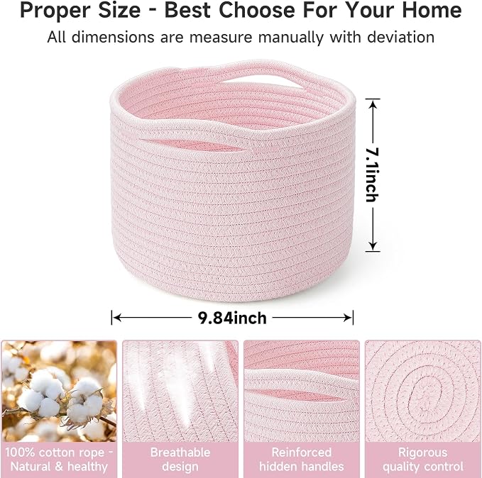 3 Pack Small Rope Storage Baskets, 9.82×9.82×7.1", Pink | Cotton Basket for Gifts Empty, Cute Round Woven Basket, Decorative Shelf Basket Organizer, Organizing Basket for Shelves