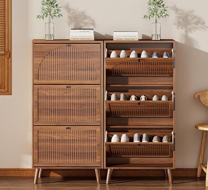 Fsbecl Shoe Storage Cabinet for Entryway with 3 Flip Drawers, Walnut | Narrow Single Layer Design, 23.6'' Freestanding Shoe Rack, Wooden Hidden Organizer for Hallway Foyer, 6-9 Pairs