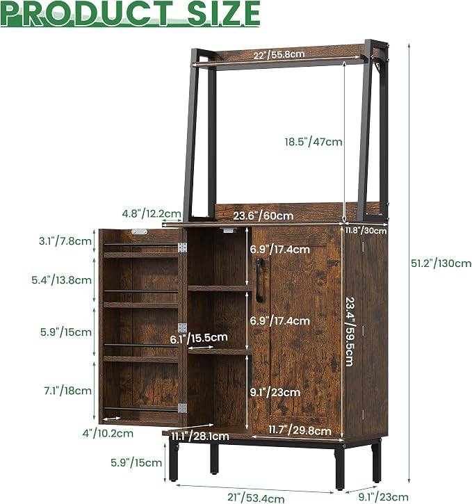 kepptory 51" Kitchen Baker's Rack with Storage, Microwave & Toaster Oven Stand, Freestanding Coffee Bar Station with Wine Glass Holder & Side Storage Shelves, Brown