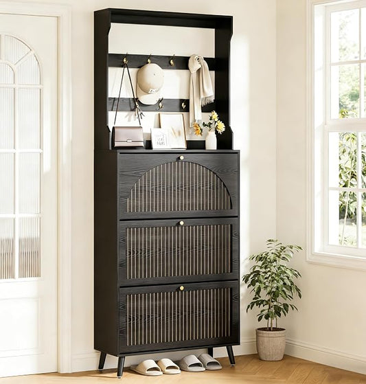 Fsbecl Shoe Storage Cabinet with 3 Fluted Flip Drawers & Coat Rack, Black | Slim Freestanding Shoe Organizer with Hidden Storage, Adjust Shelves, Wooden 2-in-1 Hall Tree for Entryway Foyer, 18-24 Pairs