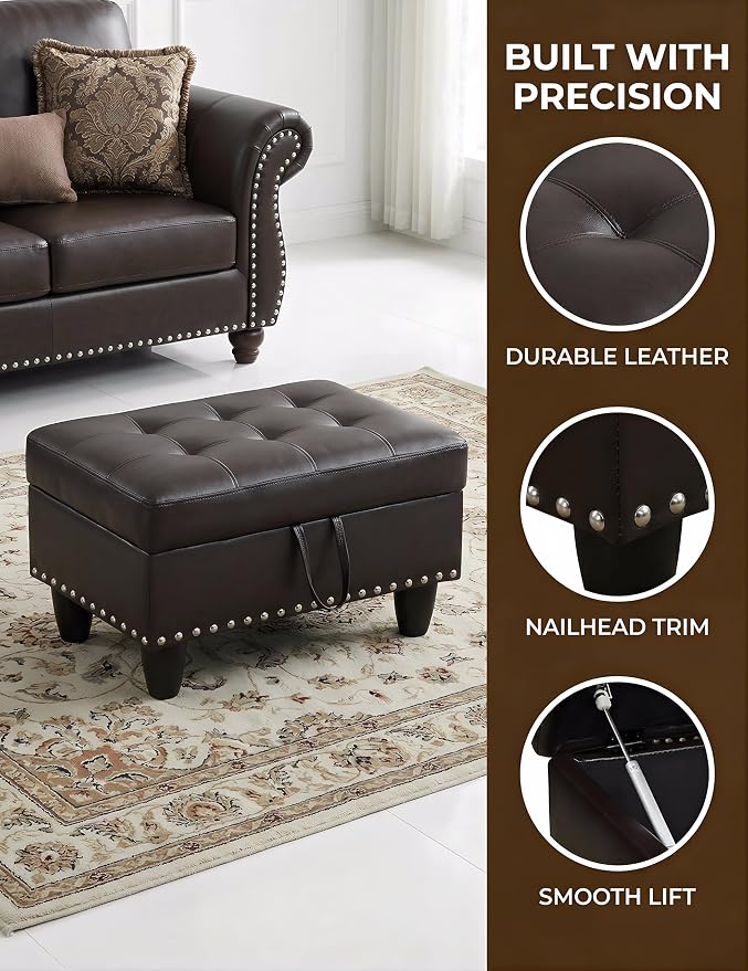 Ottoman with Storage, 28.5 inch Faux Leather Storage Ottoman with Padded Seat, Large Entryway Bench with Solid Wood Frame, Upholstered Sturdy Foot Rest for Living Room, Bedroom, Entryway