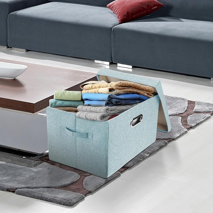 Collapsible Storage Bins With Lids, Large Fabric Storage Boxes - 2 Pack - Aqua Spring