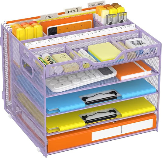 Docnest 5 Tier Desk Organizer with Hanging File Folder Holder&Tray, Purple | Features 3 detachable pen holders and 4 removable dividers.Versatile mesh desktop storage for mail, document,office supplie