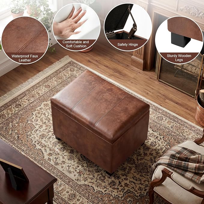 24" Leather Storage Ottoman Bench, Rectangle Foot Rest Stool for Living Room, Bedroom, Entryway, Coffee