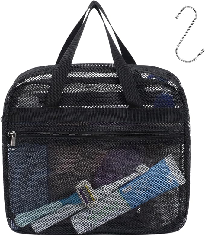 Mesh Shower Caddy Portable with Zipper - 2-Handle Shower Bag for Dorm | S-Hook, Quick-Dry Mesh, Toiletry Organizer, College Dorm Room Essentials for Girls, Camping, Gym, Travel & Bathroom, Black