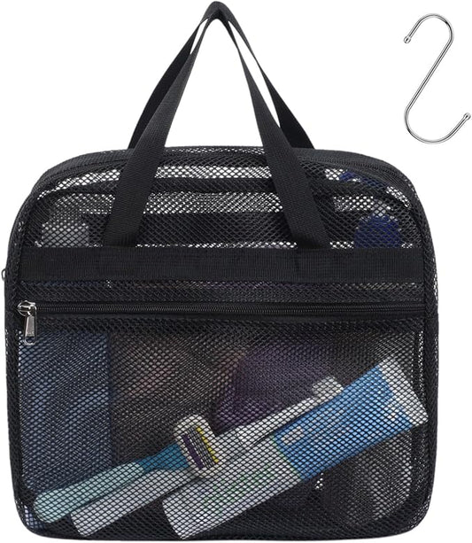 Mesh Shower Caddy Portable with Zipper - 2-Handle Shower Bag for Dorm | S-Hook, Quick-Dry Mesh, Toiletry Organizer, College Dorm Room Essentials for Girls, Camping, Gym, Travel & Bathroom, Black