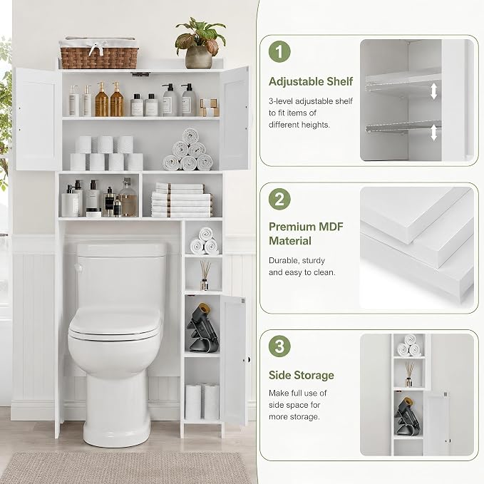 Homhedy Wooden Over The Toilet Storage Cabinet with Barn Door | Freestanding Bathroom Storage, Toilet Paper Holder, Adjustable Shelf,Space-Saving, Farmhouse Style, White