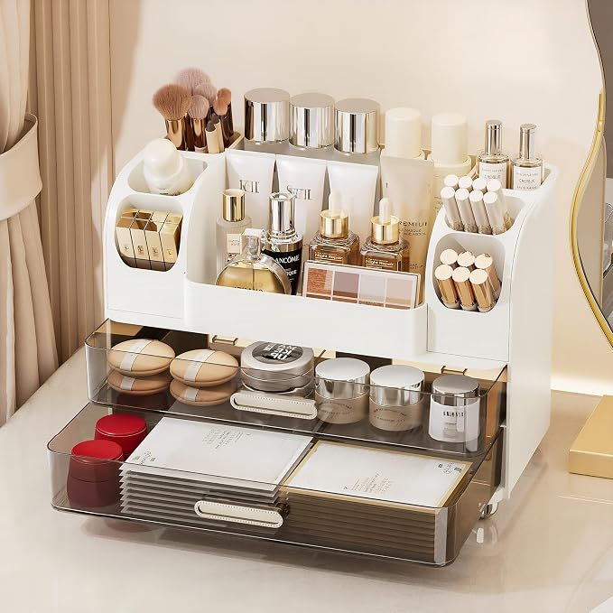 Large Makeup Organizer for Vanity - Perfume Cosmetic Display Cases | Skincare Organizers with 2 Drawers for Bathroom Dresser Desk, Easy to Store Brush Eyeshadow Lipstick Beauty Supplies, White