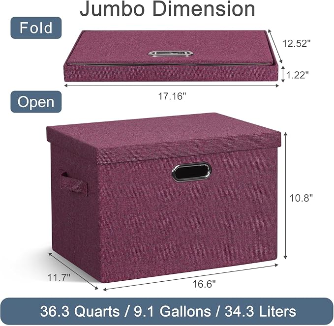Storage Bins with Lids Fabric Closet Organizers Cubes Office Organization | 36 Quart 3 Pack Purple Collapsible Stackable Linen Fabric 4 Handles Bedroom Closet Cabinet Under Bed Clothes Toy Office File
