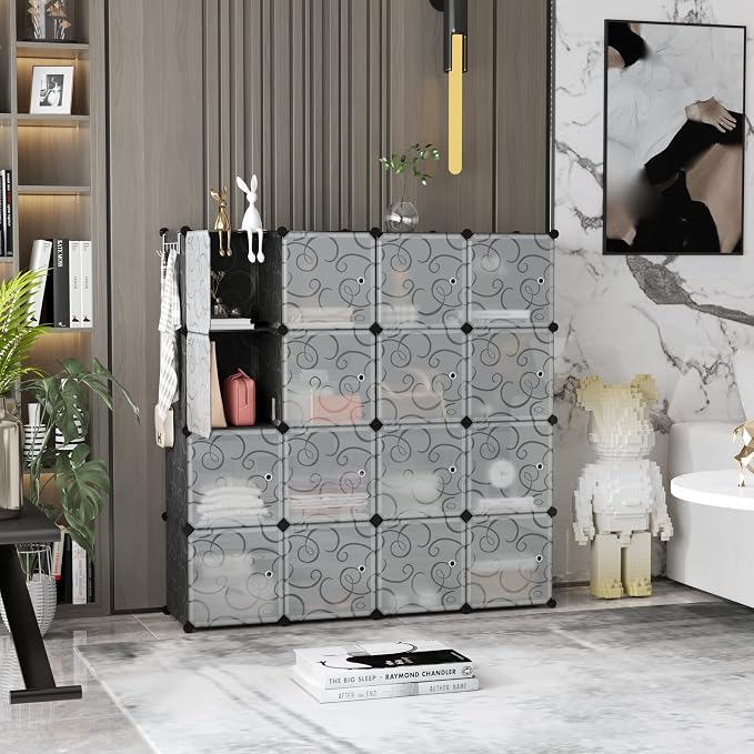 C&AHOME 16-Cube Storage Organizer with Door Platic Closet Organizer Black | Modular Bookshelf, Storage Shelving, Portable Shelves Organizing Units Ideal for Bedroom, Home 48.4" L × 12.4" W × 48.4" H
