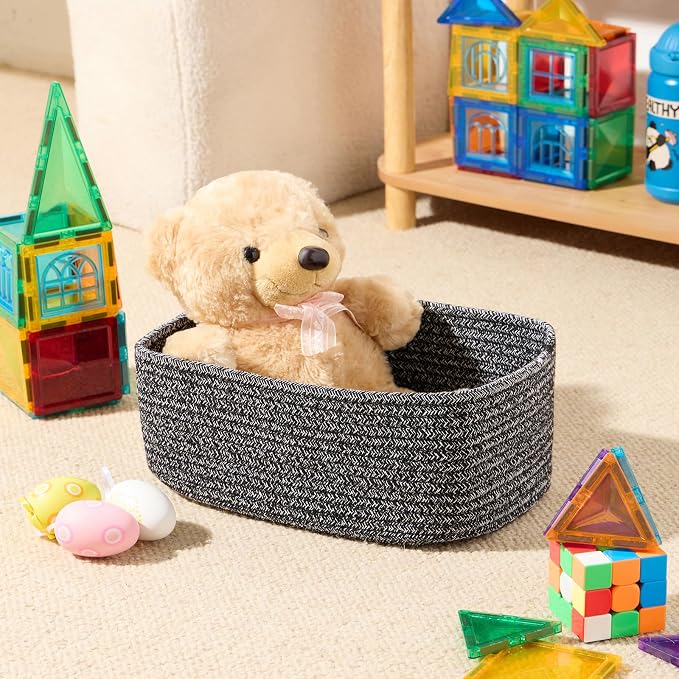 MiniArk Small Storage Baskets for Organizing | Closet Organizer Bins | Shelf Toy Basket | Woven Rope Baskets | Cube Decorative Box | Shallow Basket | 11.5x7.5x4.7” | 4 Packs Dark Gray