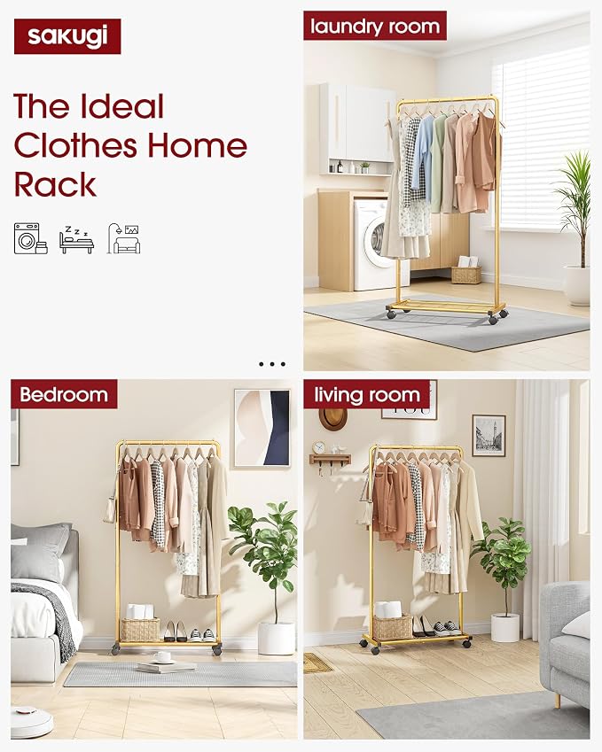 Sakugi Clothes Rack - Clothing Rack with Storage Mesh Shelf & Casters, Heavy-Duty Metal Clothing Rack for Hanging Clothes, Dresses, Coats, Large Load Capacity, Easy Assembly, Gold, 28.0"x16.9"x59.0"