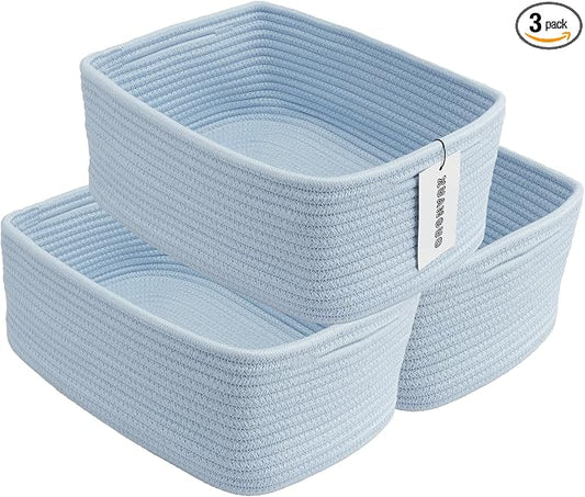 XUANGUO Small Woven Storage Baskets for Shelves, 13" x 9" x 5", Blue | Decorative rope storage bins for closets and toy storage; cute organizer baskets, empty gift baskets and nursery storage.