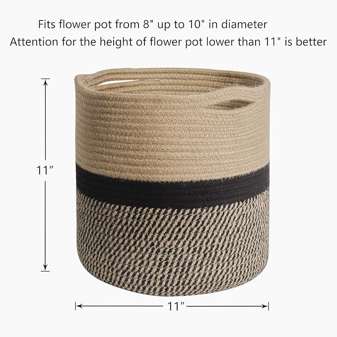 TIMEYARD Jute Rope Plant Basket, Planters for Indoor Plants, Black and Jute | 11" x 11" Storage Organizer Basket Rustic Home Decor, Wicker Planter, Woven Pot for Indoor Plants