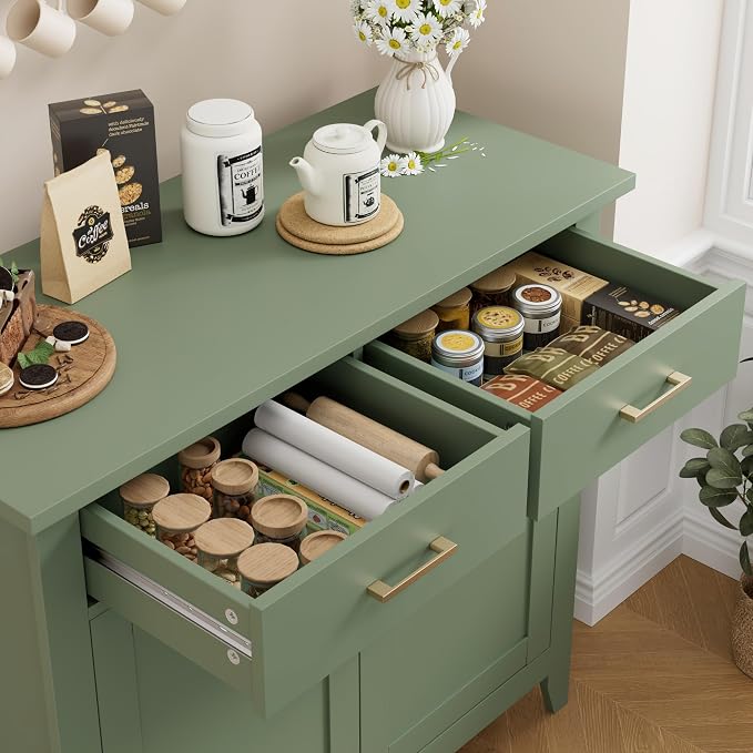 HORSTORS Farmhouse Kitchen Storage Cabinet, Small Buffet, Coffee Bar, Green | Buffet Sideboard with 2 Drawers & 2 Doors, 35.8"W Coffee Table, Sapce-saving Kitchen Cabinet for Dining Living Room, Entryway