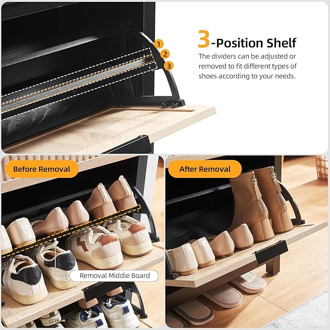 2-Flip Drawer Shoe Cabinet Narrow Entryway Rack, Oak&Black | Vertical Wood Grain, Metal Handles, Adjustable Compartments, Removable Shelf, Anti-Tip Device, for Hallway Foyer Entryway
