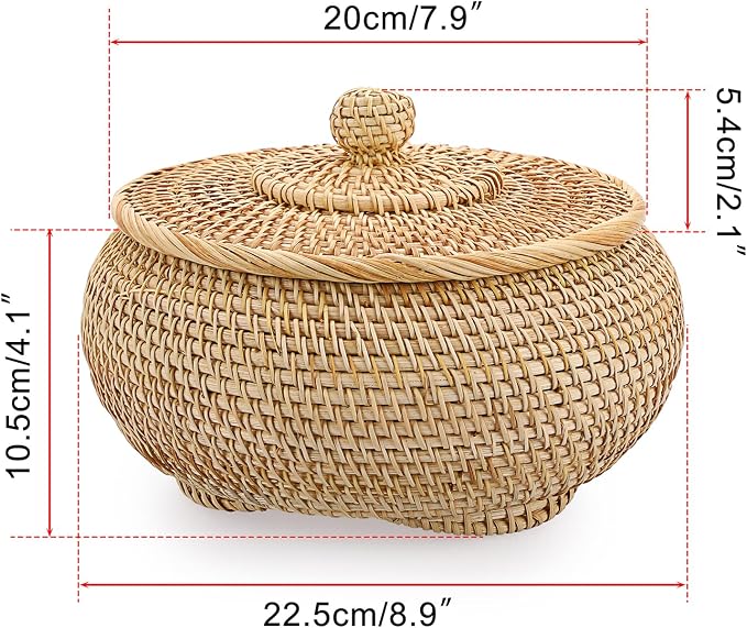 Hipiwe Round Rattan Basket Box with Lid Hand-Woven Wicker Basket Bin Tray Multi-Purpose Picnic Food Bread Storage Basket Decorative Box for Home Bathroom Shelf Organizing, Small