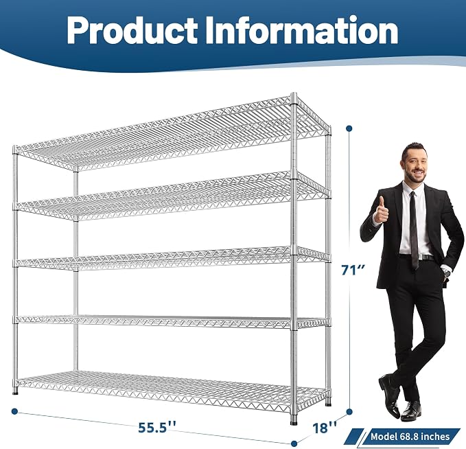 REIBII 55.5" W Storage Shelves 3200LBS Metal Shelving 5 Tier Wire Shelving Garage Shelving Heavy Duty Metal Shelves for Shelving Unit Commercial Adjustable Shelf, 55.5" W X 18''D X 71" H，Chrome