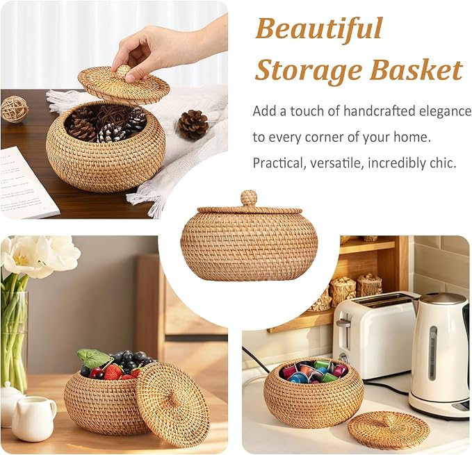 Hipiwe Handwoven Rattan Basket Round Round Wicker Storage Box | Decorative Shelf Baskets Multi-purpose Natural Basket Box for Remote Control Bread Candy Farmhouse Picnic Baskets