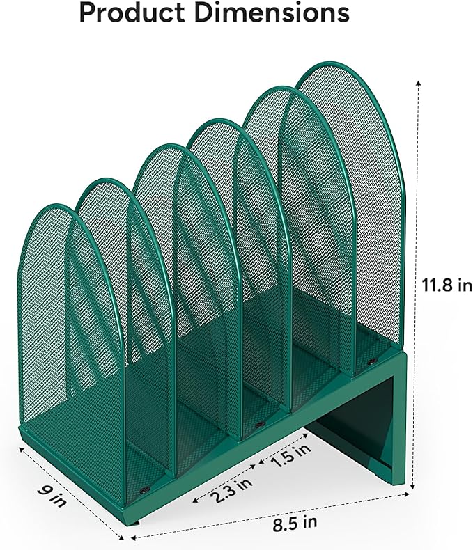 5-Section Desk File Organizer | Metal Mesh Folder Organizer for Documents, Mail & Office Papers (Green)