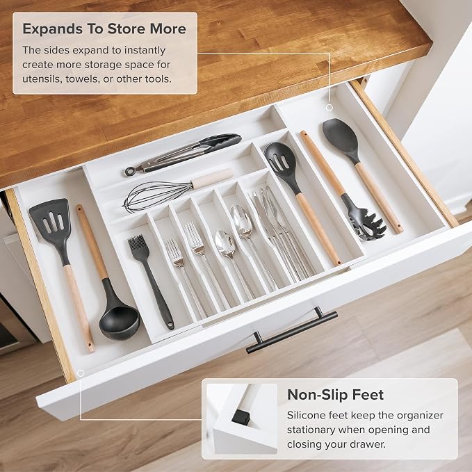 KitchenEdge Silverware & Utensil Drawer Organizer, 18-33 in, White Bamboo | Cutlery, flatware, food-safe contract grade, kitchen drawer fit