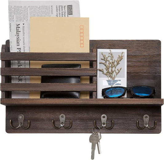 Dahey Key Mail Holder Wall Mounted Wooden Hanger with 4 Double Hooks, Brown | Rustic Farmhouse Decor, Wall Mail Organizer with Shelf, Solid Wood Rack, Easy Install, Versatile Storage for Entryway Mudroom