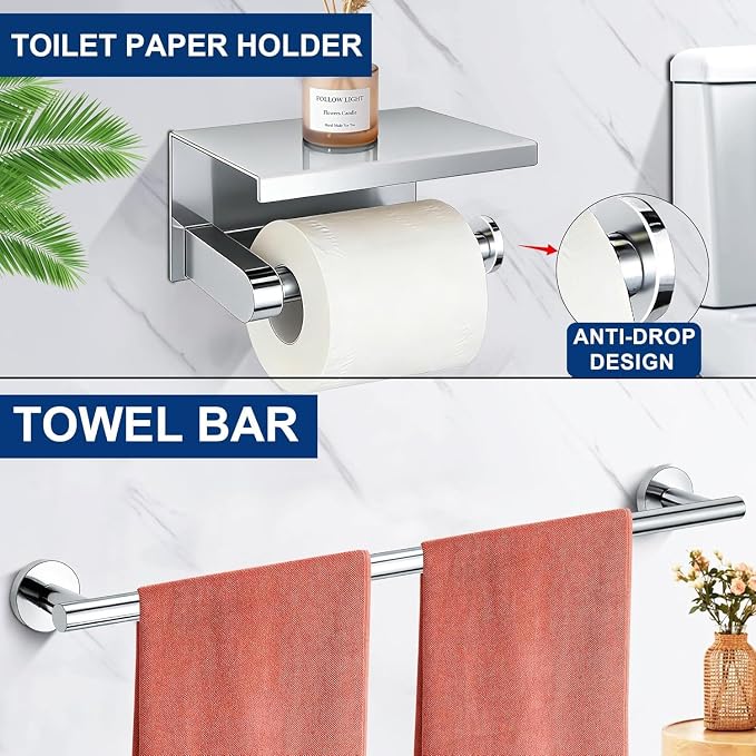 5 Pieces Polished Chrome Bathroom Hardware Accessories Set, SUS304 Stainless Steel 24 Inch Bath Towel Bar Set, Round Bathroom Towel Holder Set, Towel Racks for Bathroom Wall Mounted