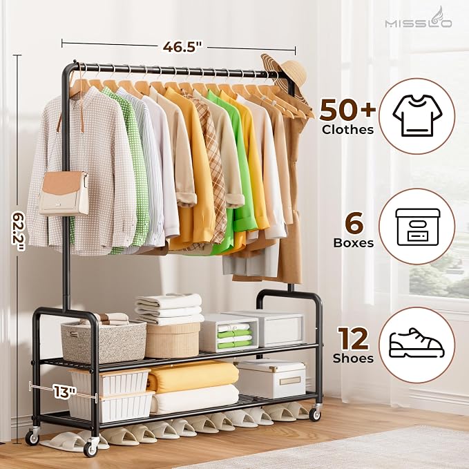 MISSLO Heavy Duty Clothes Rack with Shelves 46.5" Large Rolling Clothing Racks for Hanging Clothes, Garment, Coat, Black