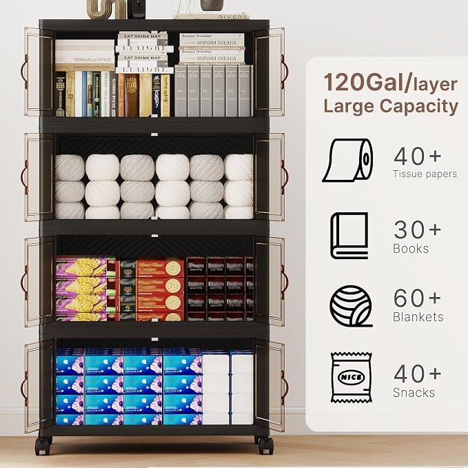 536QT Extra Large Stackable Storage Bins with Lids & Wheels | & Door,Total 134Gal for 4-Tier set Foldable Collapsible Closet Organizers, Plastic containers drawers for bedroom Dorm