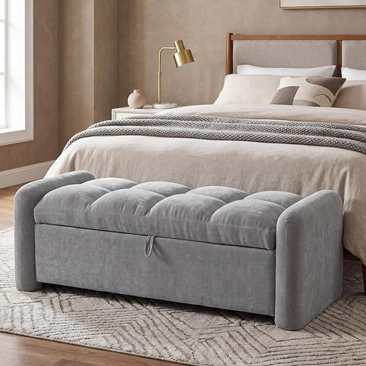 Oversized Chenille Ottoman Bench with Storage, Upholstered End of Bed Bench for Bedroom, Ottoman Foot Rest for Living Room, Light Grey