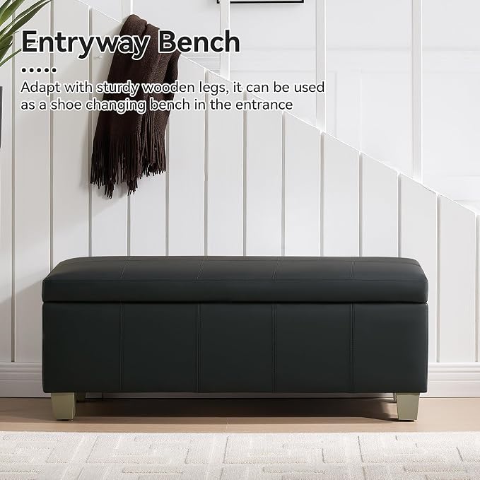 WUTUTUEE 41" Faux Leather Storage Ottoman, Stitch Tufted Rectangle Upholstered End of Bed Storage Bench, Entryway Large Couch Ottoman with Wooden Legs, Dark Black