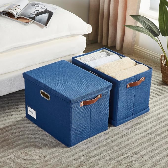 15" Large Collapsible Storage Bins with Lids, Stackable Closet Organizers with PU Handle and Labels, 3-Pack Decorative Fabric Storage Boxes for Home, Bedroom, Closet, Office, Nursery(Navy)