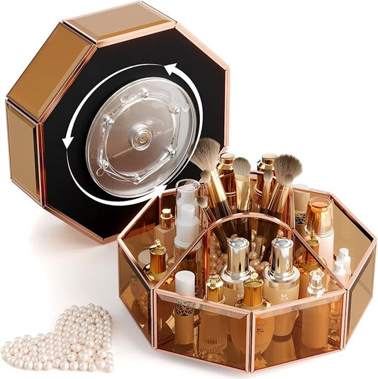 CoralHouse Rotating Glass Makeup Organizer for Vanity with Brush Holder | 5 clear compartments organize lipstick, perfume, palettes and skincare on a vanity, bathroom countertop or beauty station