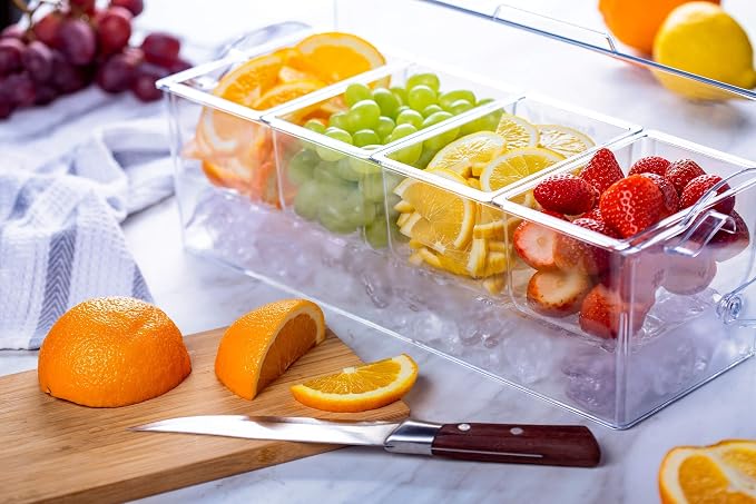 Pikanty Chilled Condiment Server Caddy with Ice Base - 4 Compartments and 4 Serving Tongs Included, Mimosa Bar, Taco Bar, Garnish Tray for Parties, Weddings, BBQs, Dishwasher Safe, Made in USA