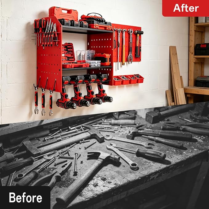 Power Tool Organizer Wall Mount,Power Drill Tool Holder | 200lb Heavy Duty Tool Shelf,4 Tier Cordless Tool Organizerwith 4 Drill Holders & 3 Divider Panels,Red