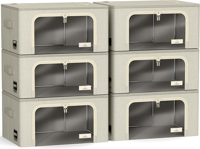 Sorbus Storage Bins with Metal Frame - Stackable & Foldable Clothes Organizer Bags - Oxford Fabric Storage Containers with Large Clear Window & Carry Handles, Bedroom Organization for Bedding & Linen