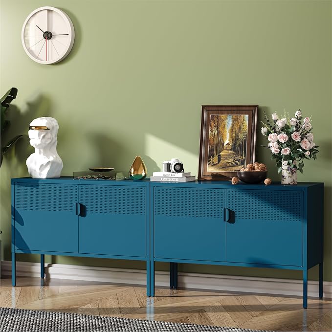 COFaR TV Stand for TVs up to 75 Inch, 40 Inch Media Console with Ventilation Doors, Metal Entertainment Center with Adjustable Shelves & 120Lbs Storage for Living Room & Bedroom, Peacock Blue