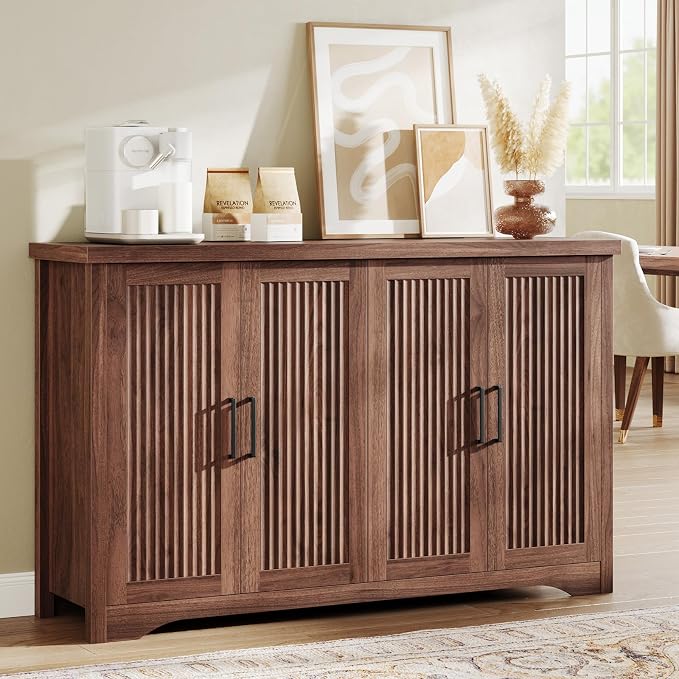55" Fluted Sideboard Buffet Cabinet with Storage,Walnut | Modern Credenza with 4 Doors & Adjustable Shelves,Coffee Bar Table Console for Dining Room Kitchen Living Room Entryway