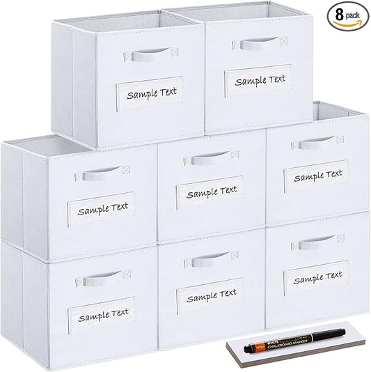 13x13x13 storage cube bins(Set of 8)Fabric storage cubes with 8 Labels Window Cards & a Pen,storage cubes 13x13, storage bin, Collapsible 13 inch cube storage bins,Cubby Organizer Boxes, White