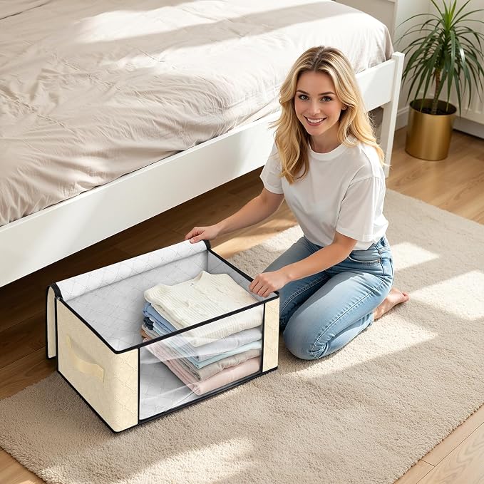 Fab totes 35L Closet Organizers and Storage, Foldable Under Bed Storage Containers, Storage bags for Organizing Bedroom, Closet, Clothing,Organization with Handle (8 Pack,Beige)