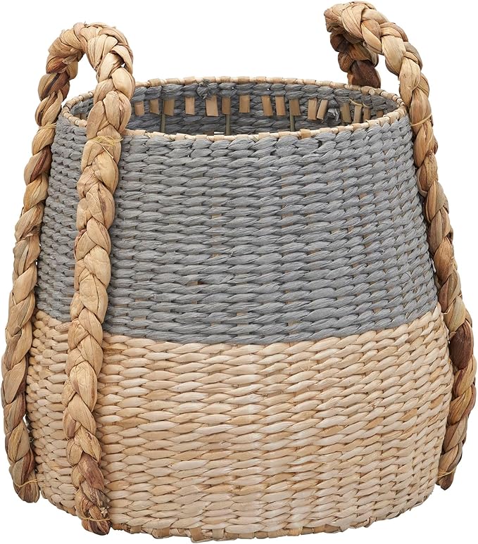 Household Essentials Handwoven Cattail and Paper Rope Terra Basket Decorative Storage Organizer, Natural and Gray Finish