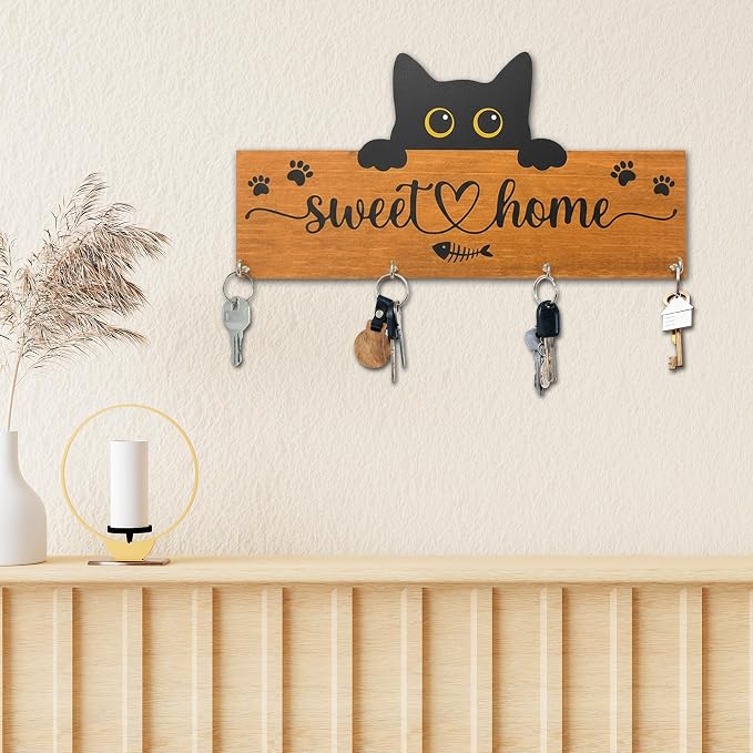 Cat Sweet Home Wooden Key Holder for Wall - 5"x10" Key Organizer Hanger with 4 Hooks for Front Door Hallway Entryway Kitchen - Home Office Decor & Housewarming Gifts Supplies - A07