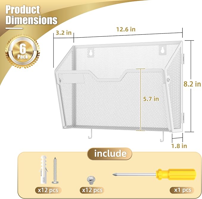 Docnest 6 Pack Mesh Wall File Holders with Hooks for Mail, White | Space-saving vertical design with utility hooks. Ideal paper document organizer for office, home, and school