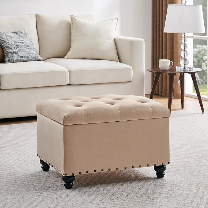 Zihanhome Velvet Storage Ottoman Bench, Button Tufted Ottoman with Hidden Storage, Upholstered Foot Rest Stool with Solid Wood Legs for Living Room, Bedroom, Entryway & Small Spaces (Khaki)