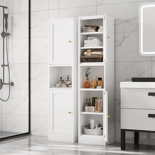 67" Tall Narrow Storage Cabinet with Doors and Open Shelf,Metal Pantry Cabinet,Shaker Style Slim Cabinet with Adjustable Shelves,for Bathroom Kitchen Laundry Small Spaces,White,1Pc