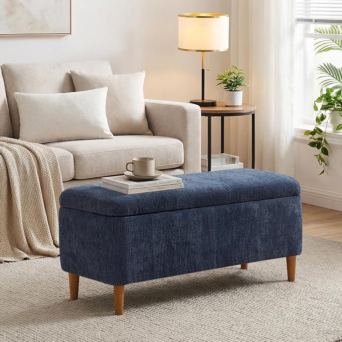 39.4”Ottoman with Storage Set of 2,Upholstered Comfy Storage Bench Ottoman with Wooden Legs,End of Bed Bench Footstool for Hallway Entryway Bedroom Living Room Corner Blue