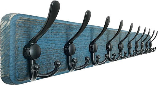 Coat Rack Wall - Heavy-Duty 38-1/4" Long, with Reinforced 10 Custom Tri-Hooks, Solid Wood Wall Hanger for Coats Hat Jackets - Rustic Farmhouse Entryway Hallway Storage, Weathered Blue & Black