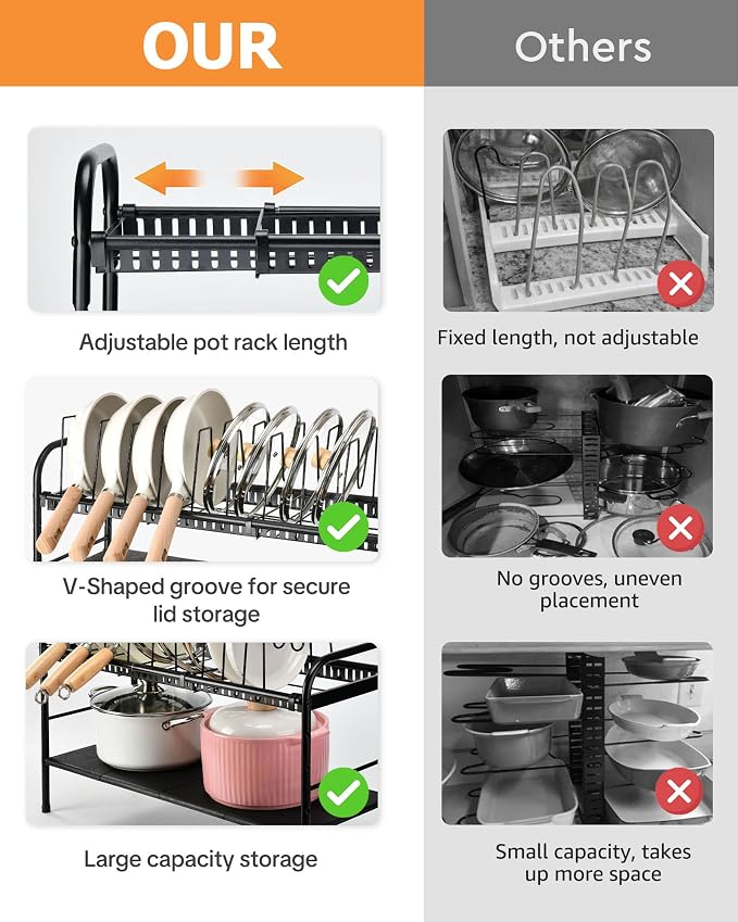 HULISEN Pots and Pans Organizer Under Cabinet, 2-Tier Expandable Pot Rack | 10 Dividers for Lid Separation, 5-Level Adjustable Height, Kitchen Cookware Pan Holder Shelf, Carbon Steel Frame