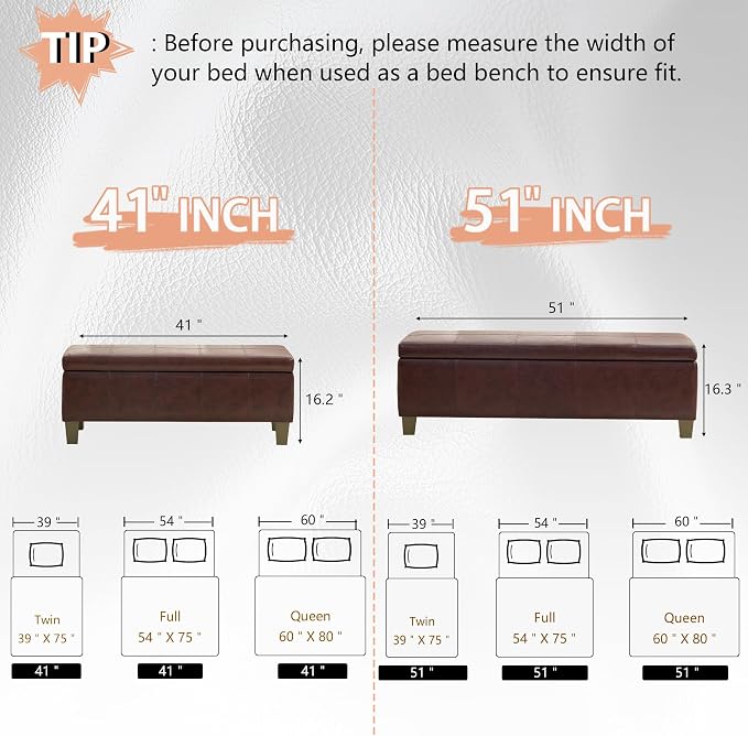41" Storage Ottoman, Storage Bench with Safety Hinge, Upholstered Synthetic Leather Ottoman Bench for Bedroom, Living Room, Entryway, Hallway, Foot Rest, Support 500lbs