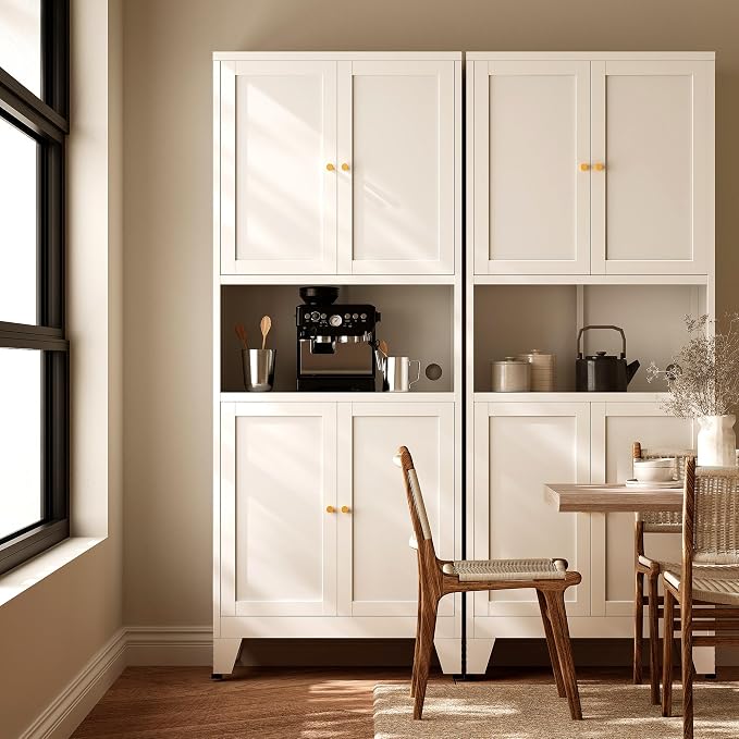 69" H Kitchen Hutch Cabinet with Storage,White Metal Storage Cabinet,Microwave Cabinet,Kitchen Pantry Cabinet with Countertop